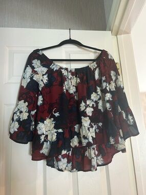 Eight Sixty Burgundy Floral Off-the-Shoulder Ruffle Blouse